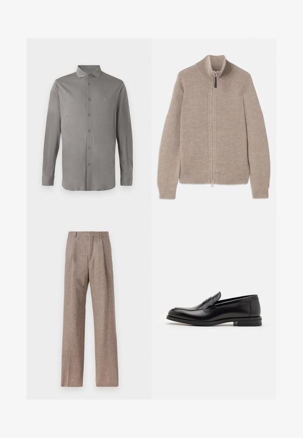 Beige kötött zipzáras pulóver bordás textúrával, magas nyakkal és hosszú ujjal. Fémzipzárral rendelkezik, és nincs rajta további minta.; Szürke, hosszú ujjú ing sima anyagból, gombos elülső résszel, klasszikus gallérral és finoman hímzett logóval a mellen.; Barna, magas derekú nadrág texturált anyagból. Széles szárai és két elülső redője biztosítja a struktúrát. Ízléses kivitel, látható fémszerelés nélkül.; Fekete bőr loaferek sima textúrával, kerek orral és dekoratív pánttal a vampnál. Alacsony, rétegelt sarkú, minimalista dizájn.