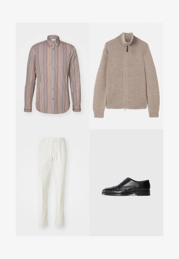 Beige gebreide zip-up trui met geribbelde textuur, hoge kraag en lange mouwen. Voorzien van een metalen rits en zonder extra patronen.; Gestreept overhemd met verticale lijnen in verschillende kleuren. Lange mouwen, een klassieke kraag en een gladde stoftextuur.; Witte broek van katoen, met een recht model, platte voorkant en geen zichtbare patronen of hardware. Glad materiaal.; Zwarte leren dresschoenen met een ronde neus, een gladde textuur, vetersluiting en een subtiele naaddetail, met een lage, platte hak.