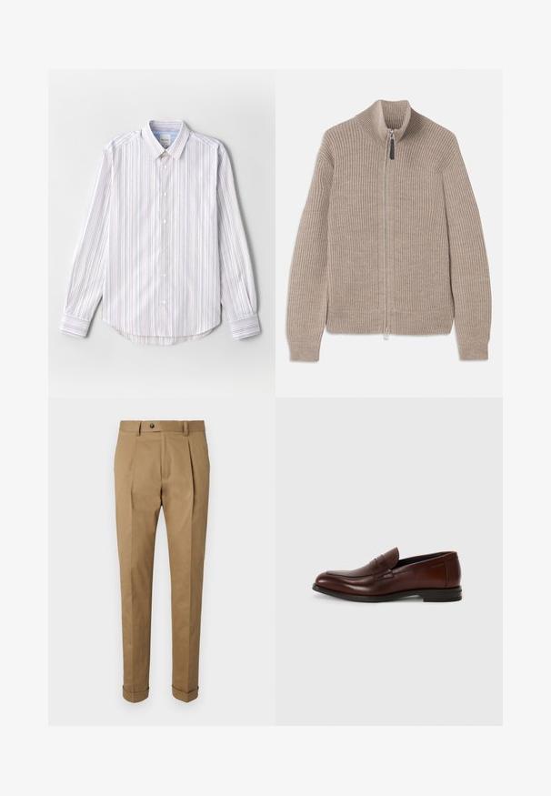 Maglione beige in maglia con zip, texture a coste, colletto alto e maniche lunghe. Presenta una zip metallica e nessun motivo aggiuntivo.; Camicia leggera a maniche lunghe con bottoni, a righe verticali in bianco, blu e rosso. Presenta un colletto classico e un orlo arrotondato.; Pantaloni eleganti color khaki con una vestibilità su misura, caratterizzati da pieghe, chiusura con bottone, passanti per cintura e orli arrotolati. Realizzati in un tessuto liscio e resistente.; Mocassini in pelle marrone con punta arrotondata, dettagli in fascia frontale e tacco basso impilato. Texture liscia con pochi decorazioni.