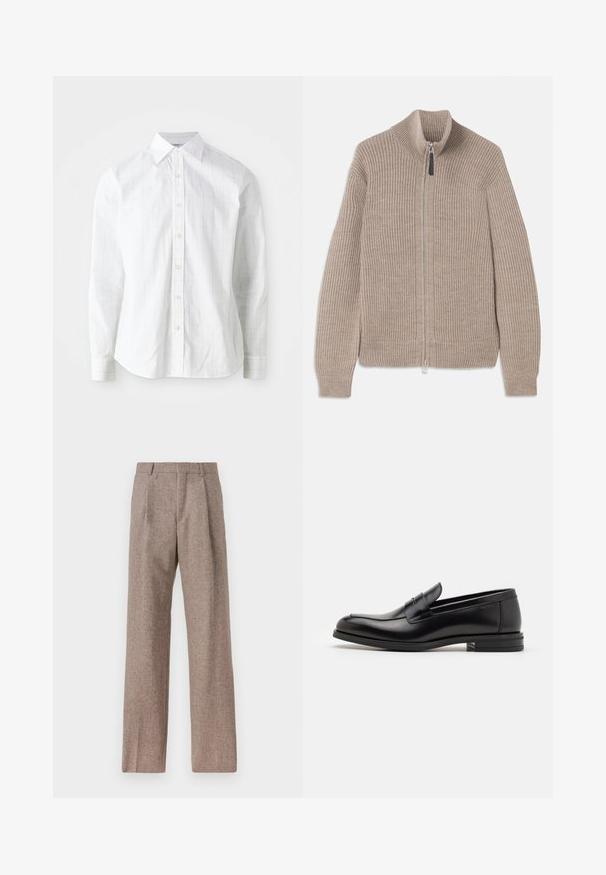 Beżowy sweter zapinany na zamek, wykonany z dzianiny z prążkowaną strukturą, z wysokim kołnierzem i długimi rękawami. Posiada metalowy zamek błyskawiczny i brak dodatkowych wzorów.; Biała koszula z długim rękawem wykonana z mieszanki bawełny, z delikatnym wzorem w kratkę, standardowym kołnierzykiem, zapięciem na guziki i mankietami. Gładka tekstura.; Brązowe, wysokiej talii spodnie wykonane z teksturowanej tkaniny. Posiadają szerokie nogawki i dwa przednie zakładki dla lepszej struktury. Starannie wykończone, bez widocznych elementów metalowych.; Czarne skórzane mokasyny o gładkiej fakturze, zaokrąglonym nosku i dekoracyjnym pasku na przodzie. Niski, warstwowy obcas, minimalistyczny design.