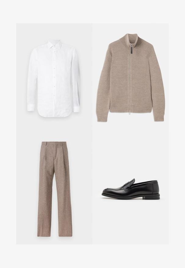 Beige knitted zip-up sweater with ribbed texture, high collar, and long sleeves. Features a metallic zipper and no additional patterns.; White linen long-sleeve shirt featuring a pointed collar, button front, and curved hem with a slightly textured surface.; Brown, high-waisted trousers made of textured fabric. Features wide legs and two front pleats for structure. Neat finish with no visible hardware.; Black leather loafers with a smooth texture, rounded toe, and a decorative strap across the vamp. Low stacked heel, minimalist design.
