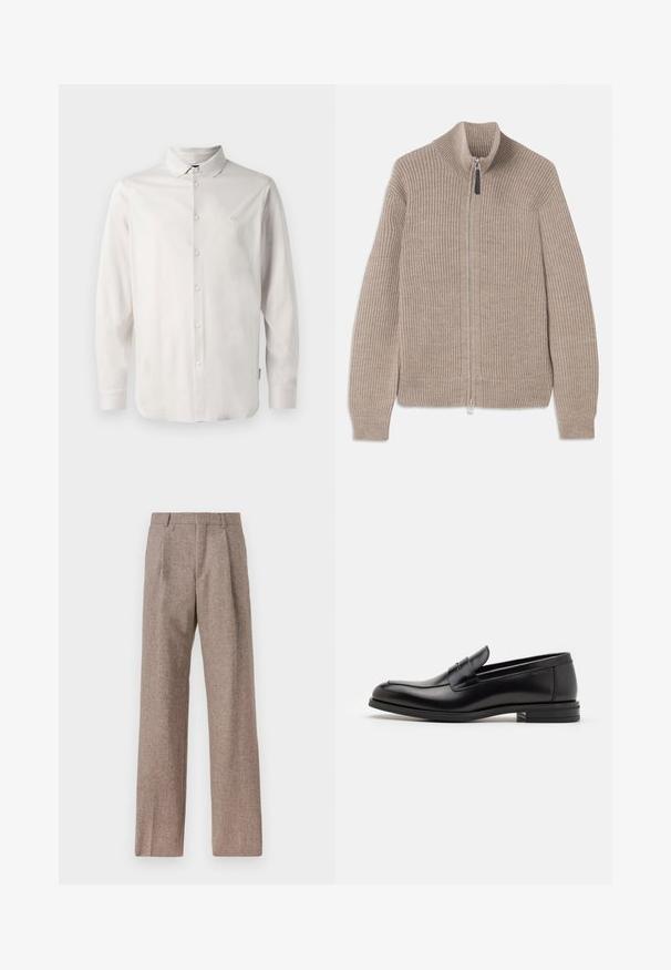 Bež kudumatega tõmblukuga sviitri, millel on ribade struktuur, kõrge krae ja pikad varrukad. Omab metallist tõmblukku ja ei sisalda lisamustreid.; Pikad käised, valge nööbiga särk, millel on krae ja diskreetne "A|X" logo broderii vasakul rinnal.; Prunnid, kõrge vöökohaga püksid, mis on valmistatud tekstureeritud kangast. Omavad laiu jalgu ja kahte eesmist voldikut struktuuri jaoks. Korralik viimistlus, ilma nähtava riistvarata.; Mustad mustad nahast loafers sileda tekstuuriga, ümarat ninaosa ja dekoratiivne riba vampi üle. Madal kihiline konts, minimalistlik disain.