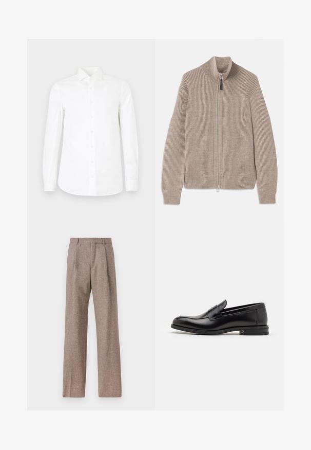 Beige kötött zipzáras pulóver bordás textúrával, magas nyakkal és hosszú ujjal. Fémzipzárral rendelkezik, és nincs rajta további minta.; Fehér, hosszú ujjú, gombos ing, sima pamutból készült. Jellemzője a hegyes gallér, a teljes gombolás elöl és a kissé karcsúsított derék.; Barna, magas derekú nadrág texturált anyagból. Széles szárai és két elülső redője biztosítja a struktúrát. Ízléses kivitel, látható fémszerelés nélkül.; Fekete bőr loaferek sima textúrával, kerek orral és dekoratív pánttal a vampnál. Alacsony, rétegelt sarkú, minimalista dizájn.
