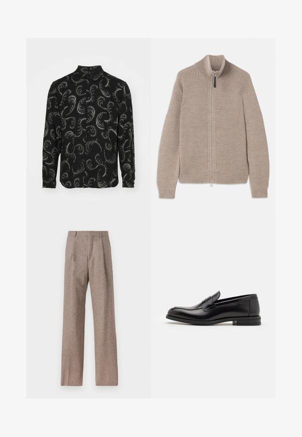 Beige stickad ziptröja med ribbat mönster, hög krage och långa ärmar. Har en metallisk dragkedja och inga ytterligare mönster.; Svart knappad skjorta med vita svängande paisleymönster, långärmad och med standardkrage, tillverkad av lättviktsmaterial.; Bruna, högmidjade byxor i texturerat tyg. Har vida ben och två framvikningar för struktur. Välavslutad utan synlig hårdvara.; Svarta läderloafers med en slät yta, rund tå och ett dekorativt band över främre delen. Låg staplad klack, minimalistisk design.