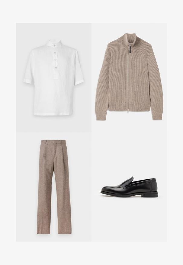 Beige gestrickter Reißverschluss-Pullover mit gerippter Textur, hohem Kragen und langen Ärmeln. Verfügt über einen metallischen Reißverschluss und keine weiteren Muster.; Weißes kurzärmeliges Poloshirt aus Leinen. Verfügt über eine Knopfleiste, einen traditionellen Kragen und eine lockere Passform. Glatte, leichte Textur.; Braune, hochtaillierte Hose aus strukturiertem Stoff. Mit weitem Bein und zwei vorderen Bügelfalten für zusätzliche Form. Saubere Verarbeitung ohne sichtbare Hardware.; Schwarze Lederloafers mit glatter Textur, rundem Zehenbereich und einem dekorativen Riemen über dem Vorderfuß. Niedriger, gestapelter Absatz, minimalistisches Design.