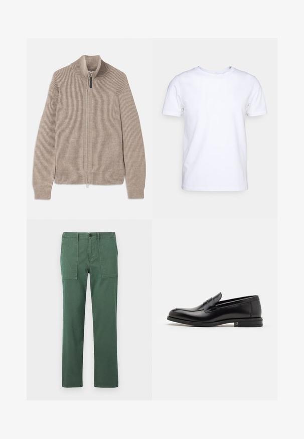 Beige gestrickter Reißverschluss-Pullover mit gerippter Textur, hohem Kragen und langen Ärmeln. Verfügt über einen metallischen Reißverschluss und keine weiteren Muster.; Weißes T-Shirt mit kurzen Ärmeln aus Baumwollstoff und rundem Halsausschnitt. Schlichtes Design ohne Muster oder Akzente. Glatte Textur.; Grüne Baumwollhose mit geradem Bein, ausgestattet mit zwei Vordertaschen und einem Knopfverschluss. Glatte Textur und lässiger Stil.; Schwarze Lederloafers mit glatter Textur, rundem Zehenbereich und einem dekorativen Riemen über dem Vorderfuß. Niedriger, gestapelter Absatz, minimalistisches Design.