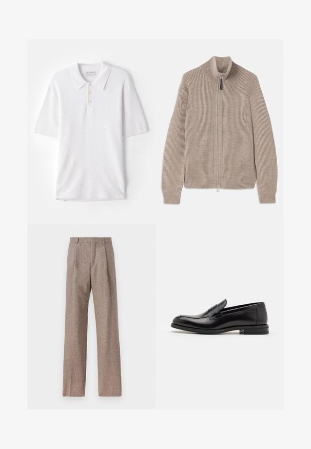 Béžový pletený sveter na zips s ryhovanou textúrou, vysokým golierom a dlhými rukávmi. Má kovový zips a žiadne ďalšie vzory.; Biela polo tričko s textúrovanou rebrovou tkaninou, golierom a tromi malými prednými gombíkmi. Krátke rukávy a rovný lem.; Hnedé, vysoké nohavice vyrobené z texturovanej látky. Majú široké nohavice a dva predné záhyby pre štruktúru. Úhľadné spracovanie bez viditeľného kovania.; Čierne kožené mokasíny s hladkou textúrou, zaoblenou špičkou a dekoračným pásikom cez priehlavok. Nízky vrstvený opätok, minimalistický dizajn.