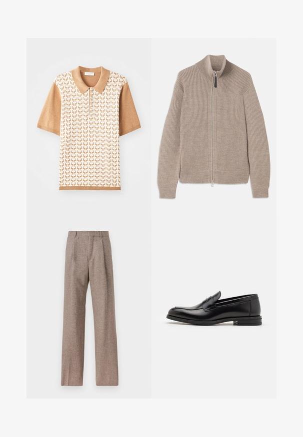 Bežs adīts džemperis ar rāvējslēdzēju, ar ribotu tekstūru, augstu apkakli un garām piedurknēm. Iezīmējas ar metāla rāvējslēdzēju un bez papildu rakstiem.; Īsām piedurknēm polo krekls ar bežīgu teksturētu rakstu, gaiši brūnu apkakli un piedurkņu galiem, ar trim pogām un ģeometriskiem motīviem.; Brūni, augstos šortos izgatavoti no teksturēta auduma. Iezīmē plašas kājas un divas priekšējās krokas, kas nodrošina struktūru. Kārtīga apdare bez redzamām detaļām.; Melnas ādas kurpes ar gludu tekstūru, noapaļu purngalu un dekoratīvu siksniņu pāri priekšpusei. Zems sakrauts papēdis, minimālisma dizains.