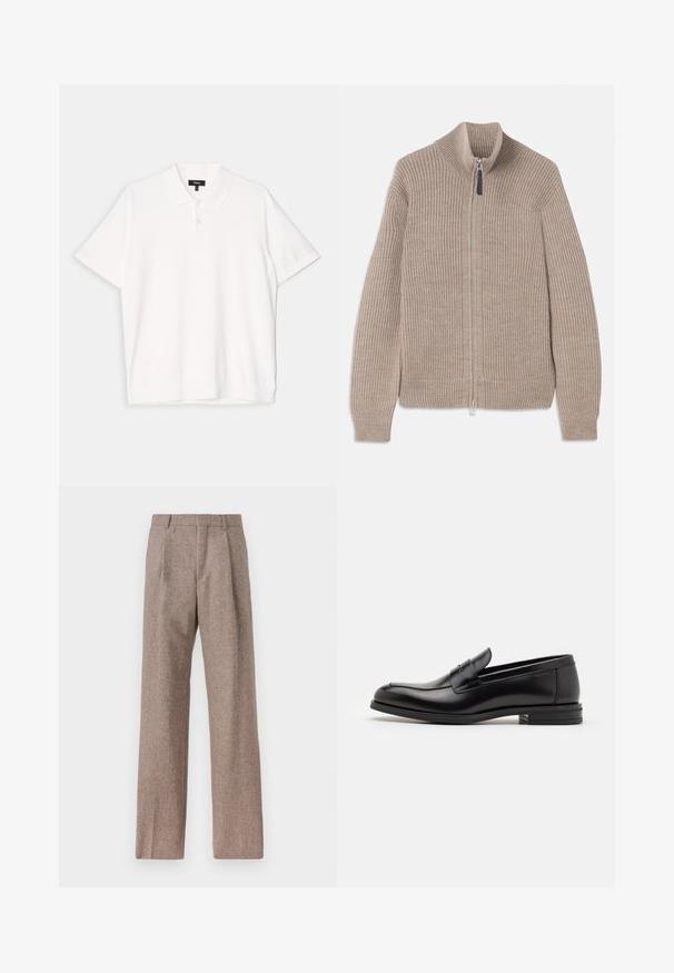 Beige strikket zip-up sweater med ribbet tekstur, høj krave og lange ærmer. Har en metallisk lynlås og ingen yderligere mønstre.; Hvid kortærmet polo t-shirt med en klassisk krave, tre-knaps placket og lige bund. Blød tekstur og enkelt design.; Brune, højtaljede bukser lavet af tekstureret stof. Har brede ben og to frontfoldninger for struktur. Pæn finish uden synlig hardware.; Sorte læderloafers med en glat overflade, rund tå og en dekorativ strop over vampen. Lav hæl med stabeldesign, minimalistisk stil.