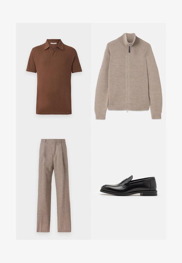 Bežs adīts džemperis ar rāvējslēdzēju, ar ribotu tekstūru, augstu apkakli un garām piedurknēm. Iezīmējas ar metāla rāvējslēdzēju un bez papildu rakstiem.; Brūns polo krekls ar īsām piedurknēm, izgatavots no mīkstas auduma. Tam ir klasiskā apkakle un brīvs piegriezums ar vienkāršu malu. Bez rakstiem vai akcentiem.; Balta krekla ar apkakli, kas piedāvā smalkas vertikālas svītras, garas piedurknes, krūšu kabatu un klasisku noapaļotu apakšmalu.; Brūni, augstos šortos izgatavoti no teksturēta auduma. Iezīmē plašas kājas un divas priekšējās krokas, kas nodrošina struktūru. Kārtīga apdare bez redzamām detaļām.; Melnas ādas kurpes ar gludu tekstūru, noapaļu purngalu un dekoratīvu siksniņu pāri priekšpusei. Zems sakrauts papēdis, minimālisma dizains.