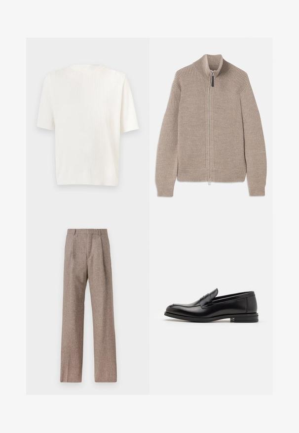 Beige knitted zip-up sweater with ribbed texture, high collar, and long sleeves. Features a metallic zipper and no additional patterns.; White short-sleeve ribbed knit top. Round neckline and soft texture. Straight cut with a subtle sheen. Lightweight, versatile design.; Brown, high-waisted trousers made of textured fabric. Features wide legs and two front pleats for structure. Neat finish with no visible hardware.; Black leather loafers with a smooth texture, rounded toe, and a decorative strap across the vamp. Low stacked heel, minimalist design.