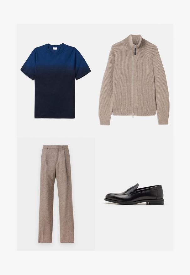 Bežinė megzta užtrauktuku užsegama megztinė, su raukšlėta tekstūra, aukštu apykaklės ir ilgomis rankovėmis. Sukurta su metaliniu užtrauktuku ir be papildomų raštų.; Tamsiai mėlynas medvilninis marškinėliai su apvalia iškirpte, trumpomis rankovėmis ir subtiliu gradientiniu dizainu, pereinančiu nuo šviesesnių atspalvių prie tamsesnių.; Rudos, aukšto liemens kelnes, pagamintas iš tekstūruotos medžiagos. Plati kojos, dvi priekinės klostės struktūrai. Tvarkingas apdailos darbai, be matomų detalių.; Juodos odinės loafers, turinčios lygų paviršių, apvalią noselę ir dekoratyvinę juostą per priekinę dalį. Žemas krentantis kulnas, minimalistinis dizainas.