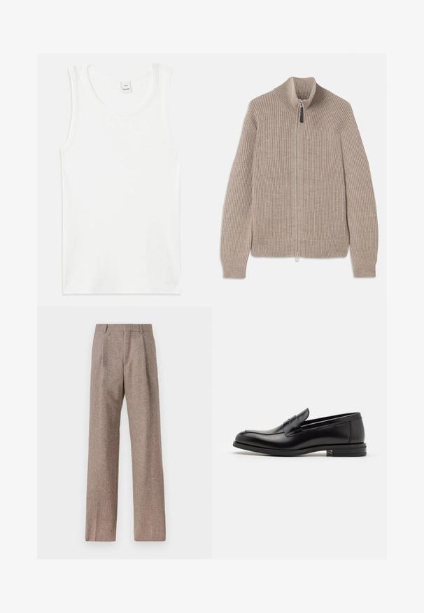 Bežs adīts džemperis ar rāvējslēdzēju, ar ribotu tekstūru, augstu apkakli un garām piedurknēm. Iezīmējas ar metāla rāvējslēdzēju un bez papildu rakstiem.; Balta kokvilnas t-krekla bez piedurknēm ar apaļu izgriezumu. Gluda struktūra un taisna griezuma forma, bez rakstiem vai rotājumiem.; Balts garo piedurknēm krekliņš ar pogām, izgatavots no kokvilnas, ar krūšu kabatu ar tonālu izšuvumu, apkakli un pogām pie piedurknēm.; Brūni, augstos šortos izgatavoti no teksturēta auduma. Iezīmē plašas kājas un divas priekšējās krokas, kas nodrošina struktūru. Kārtīga apdare bez redzamām detaļām.; Melnas ādas kurpes ar gludu tekstūru, noapaļu purngalu un dekoratīvu siksniņu pāri priekšpusei. Zems sakrauts papēdis, minimālisma dizains.