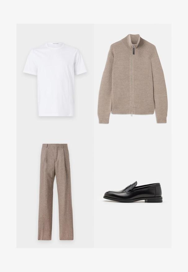 Bež kudumatega tõmblukuga sviitri, millel on ribade struktuur, kõrge krae ja pikad varrukad. Omab metallist tõmblukku ja ei sisalda lisamustreid.; Valge puuvillane T-särk ümarate krae ja lühikeste varrukatega. Sile tekstuur, sirge lõige ja minimalistik disain ilma mustrite või aksessuaarideta.; Prunnid, kõrge vöökohaga püksid, mis on valmistatud tekstureeritud kangast. Omavad laiu jalgu ja kahte eesmist voldikut struktuuri jaoks. Korralik viimistlus, ilma nähtava riistvarata.; Mustad mustad nahast loafers sileda tekstuuriga, ümarat ninaosa ja dekoratiivne riba vampi üle. Madal kihiline konts, minimalistlik disain.