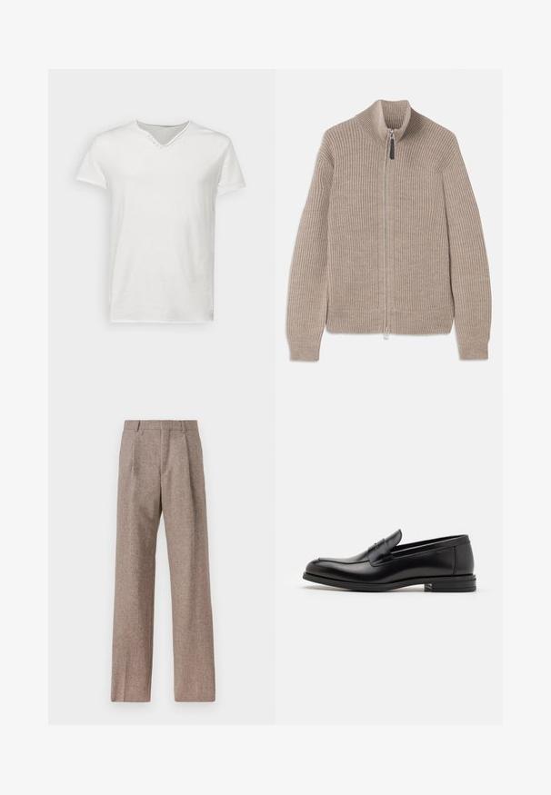 Sweater bege tricotado com fecho éclair, textura canelada, gola alta e mangas longas. Apresenta um fecho metálico e sem padrões adicionais.; T-shirt branco de manga curta feito de algodão macio. Apresenta um decote V com um detalhe de botão decorativo perto do pescoço. Textura suave.; Calças castanhas de cintura alta feitas de tecido texturado. Apresentam pernas largas e duas pregas frontais para estrutura. Acabamento cuidadoso sem hardware visível.; Mocassins de couro preto com uma textura suave, bico arredondado e uma faixa decorativa sobre o peito do pé. Salto baixo e empilhado, design minimalista.