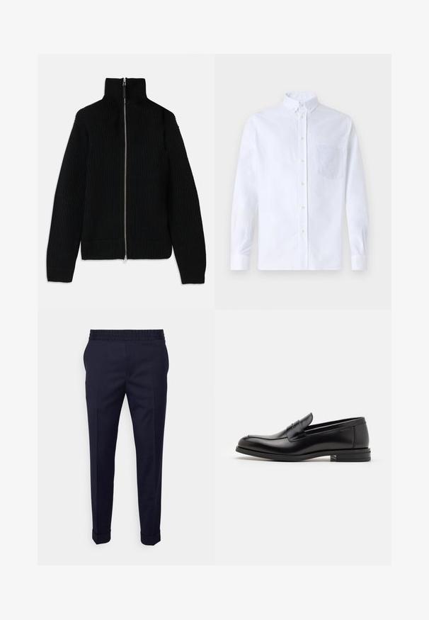 Black ribbed knit sweater with high collar, full zipper front, and fitted cuffs. Textured surface and streamlined shape.; White long-sleeve button-up shirt made of cotton, featuring a chest pocket with tonal embroidery, a collar, and button cuffs.; Navy blue pants with a smooth texture, featuring an elastic waistband and rolled cuffs, designed in a tapered fit with side pockets.; Black leather loafers with a smooth texture, rounded toe, and a decorative strap across the vamp. Low stacked heel, minimalist design.