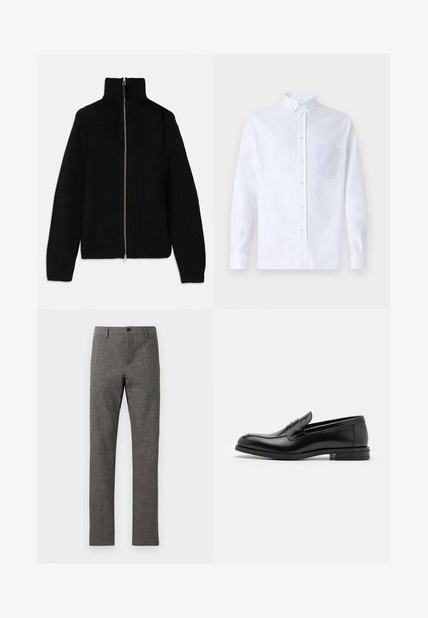 Crni rebrasti pleteni džemper s visokim ovratnikom, punim zatvovanjem sprijeda i uskim manžetama. Teksturalna površina i streamlined oblik.; Bijela košulja s dugim rukavima na dugme, izrađena od pamuka, s džepom na prsima s ton-sur-ton vezom, ovratnikom i dugmadi na manžetama.; Sive hlače od tkanog, teksturiranog materijala. Prilagođen kroj s ravnim prednjim dijelom, zatvaračem i jednim gumbom za zatvaranje. Nema vidljivih dodatnih džepova.; Crni kožni mokasini s glatkom teksturom, zaobljenim prstima i ukrasnom trakom preko prednjeg dijela. Niski slojeviti potplat, minimalistički dizajn.