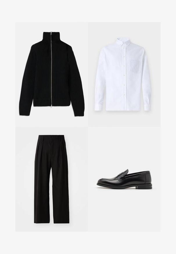 Sort ribbet striktrøje med høj krave, fuld lynlås foran og tætsiddende manchetter. Tekstureret overflade og strømlinet form.; Hvid langærmet skjorte med knapper lavet af bomuld, med en brystlomme med tonal broderi, krave og knapmanchetter.; Sorte bukser med vid ben, der har en glat overflade, to frontplisseringer, knaplukning og sidelommer. Holdbart stof.; Sorte læderloafers med en glat overflade, rund tå og en dekorativ strop over vampen. Lav hæl med stabeldesign, minimalistisk stil.