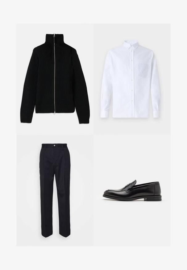 Black ribbed knit sweater with high collar, full zipper front, and fitted cuffs. Textured surface and streamlined shape.; White long-sleeve button-up shirt made of cotton, featuring a chest pocket with tonal embroidery, a collar, and button cuffs.; Black tailored trousers with a straight-leg design, made of smooth fabric, featuring a front button closure and two side pockets.; Black leather loafers with a smooth texture, rounded toe, and a decorative strap across the vamp. Low stacked heel, minimalist design.