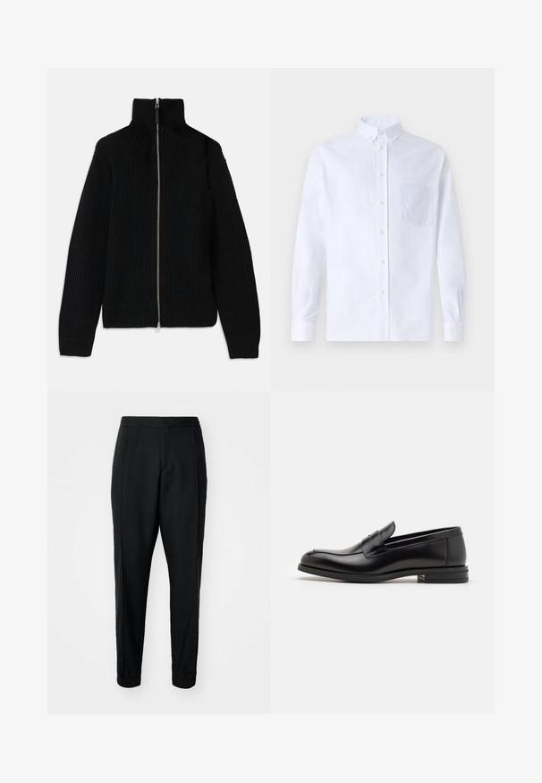 Black ribbed knit sweater with high collar, full zipper front, and fitted cuffs. Textured surface and streamlined shape.; White long-sleeve button-up shirt made of cotton, featuring a chest pocket with tonal embroidery, a collar, and button cuffs.; Black tapered trousers with a smooth texture, elastic waistband, and cuffs. Features pleats at the front for a tailored look.; Black leather loafers with a smooth texture, rounded toe, and a decorative strap across the vamp. Low stacked heel, minimalist design.