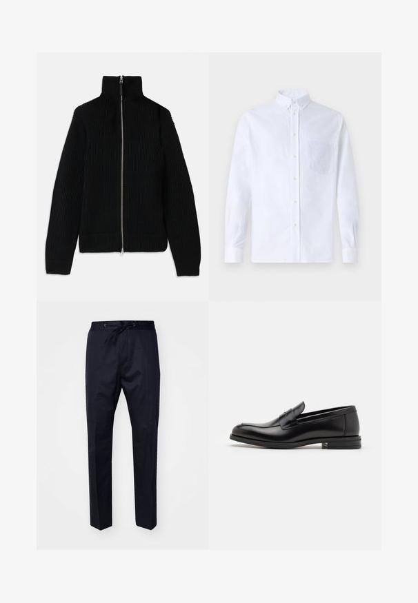 Black ribbed knit sweater with high collar, full zipper front, and fitted cuffs. Textured surface and streamlined shape.; White long-sleeve button-up shirt made of cotton, featuring a chest pocket with tonal embroidery, a collar, and button cuffs.; Navy, lightweight trousers with an elastic waistband, adjustable drawstring, and straight legs. Smooth texture, no visible patterns or accents.; Black leather loafers with a smooth texture, rounded toe, and a decorative strap across the vamp. Low stacked heel, minimalist design.