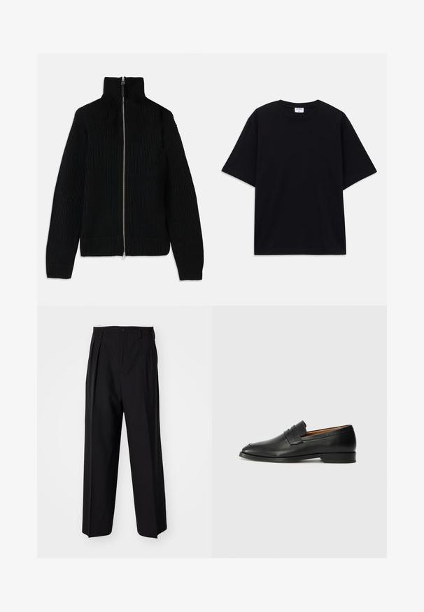Juodas raukšlėtas megztinis su aukštu apykakle, pilnu užtrauktuku priekyje ir prigludusiomis rankovėmis. Tekstūruotas paviršius ir sraigtinio silueto formos.; Juodas trumpas rankovėmis per didelis marškinėliai su apvaliu iškirpimu ir matoma Filippa K prekės ženklo etiketė vidinėje apykaklės pusėje.; Juodi klostuoti kelnių, su tiesiu, plačiu kojų dizainu. Pagaminti iš lygios medžiagos, su mygtukų uždarymu ir diržo kilputėmis.; Juodas odinis loaferis su apvaliu nosiu, subtiliomis siuvimo detalėmis ir žemu kulnu, pasižymintis lygia tekstūra ir minimalistiniu dizainu.