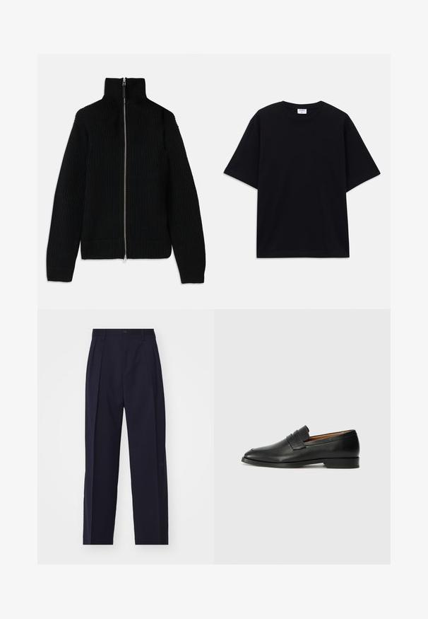 Schwarzer gerippter Strickpullover mit hohem Kragen, durchgehendem Reißverschluss und schmalen Bündchen. Strukturierte Oberfläche und schlanker Schnitt.; Schwarzes, oversized T-Shirt mit kurzen Ärmeln und rundem Ausschnitt, mit sichtbarem Filippa K Markenlabel im Kragen.; Marineblaue, maßgeschneiderte Hose mit geradem Bein, Falten vorne, Knopfverschluss und ohne sichtbare Taschen. Glatte Stofftextur.; Schwarze Leder-Slipper mit runder Zehenform, dezenten gestickten Details und niedrigem Absatz, ausgestattet mit glatter Textur und minimalistischem Design.