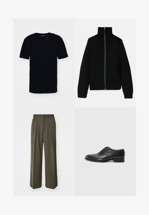 Fekete bordás kötött pulóver magas nyakkal, teljes cipzárral az elején és testhezálló mandzsettákkal. Texturált felület és letisztult forma.; Fekete, rövid ujjú pamut póló. Kerek nyakkivágással és klasszikus szabással rendelkezik. Nincsenek látható minták vagy fém kiegészítők.; Filippa K WIDE TROUSERS - Nadrágok - driftwood; Fekete bőr dress cipő sima felülettel, lekerekített orral, öt fűzőlyukkal és alacsony blokksarkal. Minimalista dizájn, finom varrásokkal.