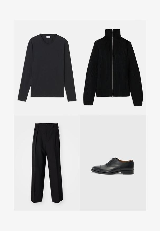 Juodas raukšlėtas megztinis su aukštu apykakle, pilnu užtrauktuku priekyje ir prigludusiomis rankovėmis. Tekstūruotas paviršius ir sraigtinio silueto formos.; Juoda ilgomis rankovėmis marškinėliai su V-šiaudeliu, pagaminti iš minkštos medžiagos, tiesios kirpimo, be matomų raštų ar akcentų.; Juodi klostuoti kelnių, su tiesiu, plačiu kojų dizainu. Pagaminti iš lygios medžiagos, su mygtukų uždarymu ir diržo kilputėmis.; Juodas odinis batelis su lygiu paviršiumi, apvaliu priekiniu galu, penkiomis skylutėmis raištams ir žemu blokiniu kulnu. Minimalistinis dizainas su subtiliomis siūlėmis.