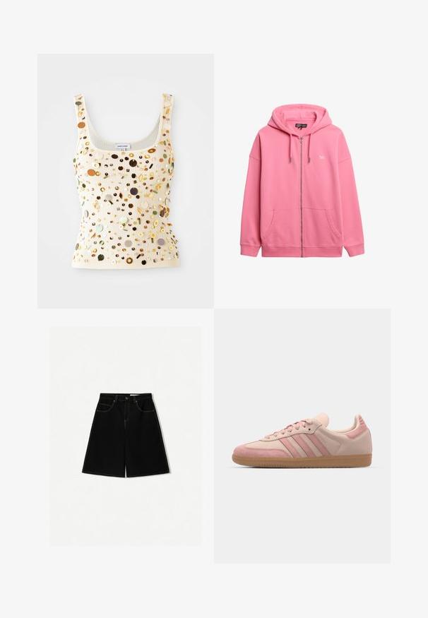Haut à fermeture éclair rose en coton, doté d'une capuche avec cordon de serrage, de deux poches avant et d'un petit logo sur la poitrine. Texture lisse.; Top en crème côtelé avec des sequins multicolores, incluant des accents dorés, verts et bruns, présentant un décolleté carré et des bretelles étroites.; Shorts en denim noir à coupe ample, dotés de cinq poches, d'un accent de coutures jaunes et d'une taille mi-haute.; adidas Originals SAMBA OG - Baskets basses - quartz/mauve