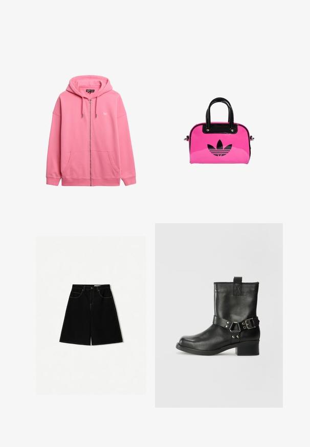 Różowa bluza z kapturem zapinana na zamek, wykonana z bawełny, z kapturem na sznurki, dwiema kieszeniami z przodu i małym logo na piersi. Gładka tekstura.; Biała bluzka na halter wykonana z miękkiego materiału, z napisem z diamencików "Juicy" na froncie. Wiązana na szyi, co pozwala na regulację dopasowania.; Czarne szorty dżinsowe o luźnym kroju, z pięcioma kieszeniami, żółtymi przeszyciami i średnim stanem.; Samsøe Samsøe SABRENTA czarny; Różowa torebka patentowa z czarnym logo i uchwytami, o zaokrąglonym kształcie i zamknięciu na zamek. Lśniąca tekstura zwiększa widoczność.