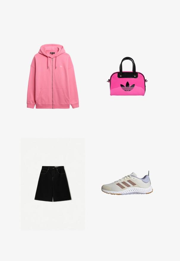 Lyserød zip-up hættetrøje lavet af bomuld, med snøre hætte, to frontlommer og et lille logo på brystet. Glat tekstur.; Hvid halterneck-top lavet af blødt stof, med rhinesten-tekst "Juicy" tværs over forsiden. Binder om halsen for justerbar pasform.; Sorte denimshorts med løs pasform, der har fem lommer, gule stikninger og en mid-rise talje.; adidas Performance EVERYSET VERSATILE - Træningssko - chalk white warm clay violet tone; Lyserød patentlæder håndtaske med et sort logo og håndtag, der har en rund form og lynlåslukning. Den glatte tekstur øger synligheden.