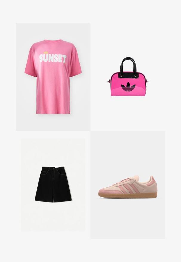 Roze zip-up hoodie van katoen, met een trekkoordkap, twee voorzakken en een klein logo op de borst. Soepele textuur.; Korte roze t-shirt gemaakt van katoen, met opvallende witte tekst "SUNSET" en een gele zonafbeelding. Ronde hals en korte mouwen.; Zwarte denim shorts met een losse pasvorm, uitgerust met vijf zakken, gele stikselaccenten en een midi-heup ontwerp.; adidas Originals SAMBA OG - Sneakers laag - quartz/mauve; Roze gepatineerde handtas met een zwart logo en handvatten, met een ronde vorm en ritssluiting. Glanzende textuur verhoogt de zichtbaarheid.