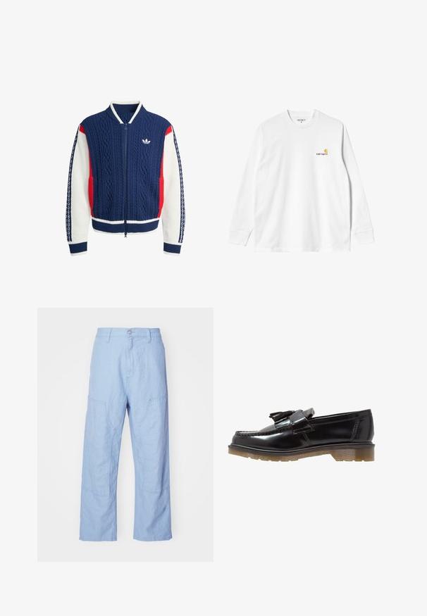 Veste zippée tricotée bleu marine, blanche et rouge avec motif en cable, col et poignets côtelés, et logo Adidas sur la poitrine.; T-shirt en coton blanc à manches longues avec un col rond, arborant un petit logo jaune et bordeaux sur la poitrine gauche. Poignets et ourlet sans coutures.; Pantalon en lin bleu clair avec une coupe décontractée, muni de poches plaquées et de détails de coutures visibles. Le tissu a un aspect doux et texturé.; Loafers en cuir verni noir avec un design tressé, une touche de pampilles et une semelle en caoutchouc texturée et épaisse. La vue de côté met en avant une silhouette élégante.