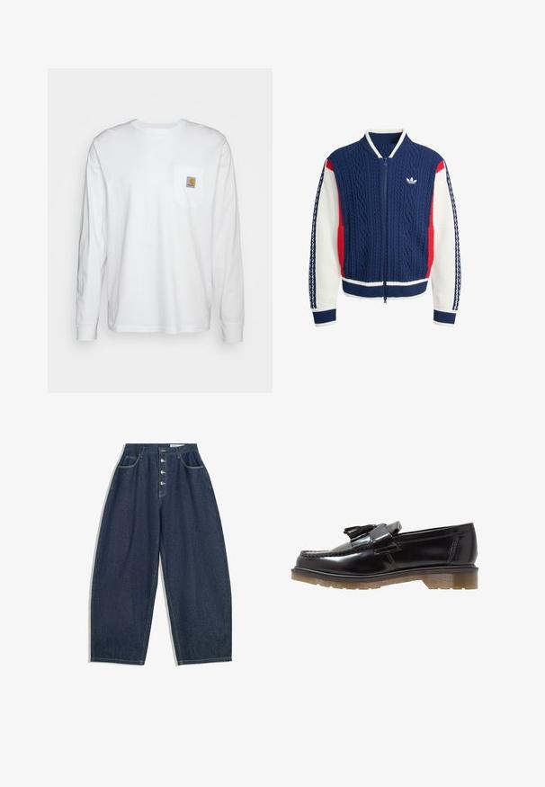 Navyblaue, weiße und rote gestrickte Jacke mit Reißverschluss, Kabelmuster, geripptem Kragen, Ärmelbündchen und Adidas-Logo auf der Brust.; Langärmliges, weißes Hemd aus Baumwolle mit einer Brusttasche und einem quadratischen Logopatch. Einfaches Design mit rundem Ausschnitt und gefütterten Ärmeln.; Dunkelblaue Denim-Hose mit weiter Beinform und hoher Taille, fünfknöpfigem Verschluss und fünf Taschen. Mit Steppnähten an den Nähten.; Schwarze lackierte Lederloafers mit geflochtenem Design, Quastenakzent und einer klobigen, strukturierten Gummisohle. Die Seitenansicht zeigt die schlanke Silhouette.