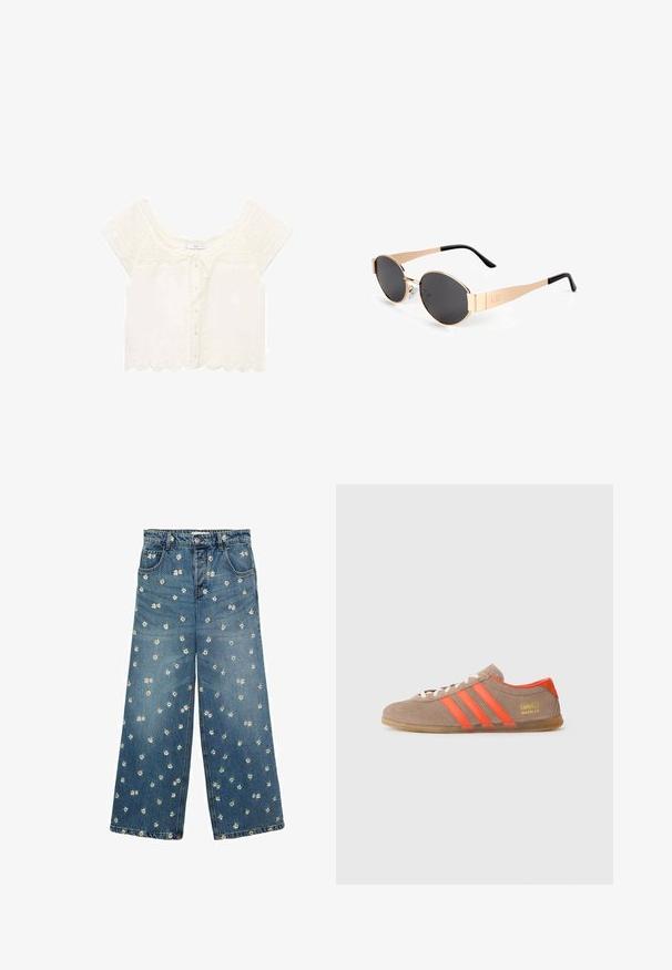 Cardigan crème à motif chevron avec des manches courtes, présentant des fermetures à boutons dorés. Porté sur une chemise rayée et un pantalon beige.; Mango PRETTY - Blouse - off-white; Jeans en denim bleu à jambes larges ornés d'un motif de broderie florale avec de petites marguerites éparpillées sur le tissu.; Baskets en suedine marron avec trois rayures orange vif, lacets à l'avant et marquage doré "Gazelle" sur le côté. Semelle plate en gomme.; Lunettes de soleil ovales dorées avec des verres sombres, présentant un design élégant, des branches fines et un accent noir au niveau de la tempête. Numéro de modèle L37.