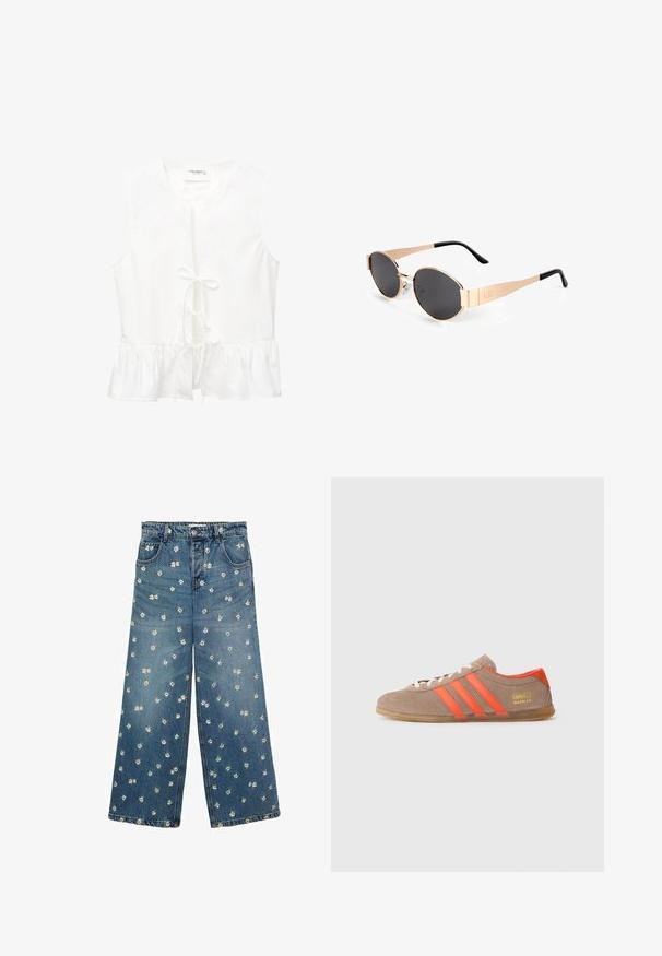 Cream herringbone-patterned cardigan with short sleeves, featuring gold-button fastenings. Worn over a striped shirt and beige trousers.; White sleeveless top with a ruffled hem, front tie detail, and a rounded neckline. Made of smooth fabric with no visible patterns.; Blue denim wide-leg jeans featuring a floral embroidery pattern with small daisies scattered across the fabric.; Brown suede sneaker with three bright orange stripes, lace-up front, and golden "Gazelle" branding on the side. Flat gum sole.; Gold-tone oval sunglasses with dark lenses, featuring a sleek design, thin arms, and a black accent at the temple. Model number L37.