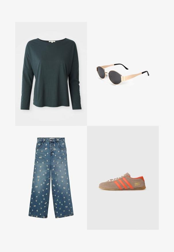 Krémový cardigan s herringbone vzorom a krátkymi rukávmi, so zlatými gombíkovými zapínaniami. Nosený cez pruhovanú košeľu a béžové nohavice.; Tmavofialová tričko s dlhým rukávom a voľným strihom s lodičkovým výstrihom na bielom pozadí, veľkosť malá, mäkký ľahký materiál.; Modré denimové široké nohavice s kvetinovou vyšívanou vzorom, na látke sú roztrúsené malé sedmikrásky.; Hnedé semišové tenisky s tromi jasne oranžovými pruhmi, zapínaním na šnúrky vpredu a zlatým nápisom "Gazelle" na boku. Plochej gumennej podrážky.; Okuliare v zlatej farbe v oválnom tvare s tmavými šošovkami, ktoré majú štýlový dizajn, tenké ramienka a čierny akcent na spánku. Model číslo L37.