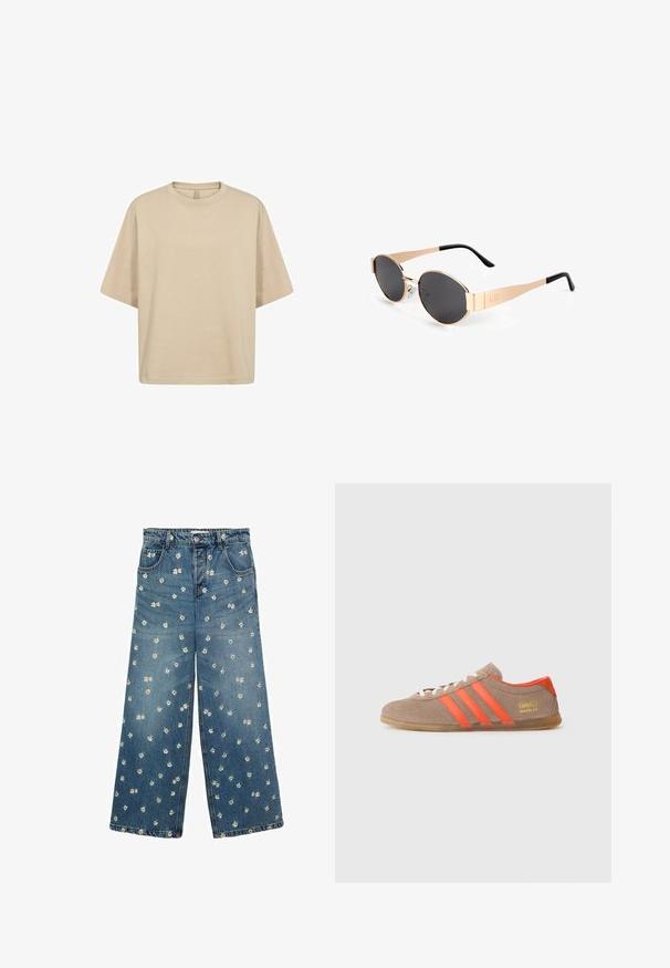 Crème cardigan met een visgraatpatroon en korte mouwen, voorzien van gouden knopen. Draagt over een gestreept shirt en beigekleurige broek.; Beige oversized katoen t-shirt met korte mouwen, een ronde halslijn en een gladde textuur. Geen zichtbare logo's of patronen.; Blauwe spijkerbroek met wijde pijpen, versierd met een bloemenborduursel met kleine madeliefjes verspreid over de stof.; Bruine suède sneaker met drie feloranje strepen, vetersluiting aan de voorkant en gouden "Gazelle" branding aan de zijkant. Platte gumzool.; Gouden ovale zonnebril met donkere lenzen, met een slank ontwerp, dunne armen en een zwarte accent bij de slaap. Modelnummer L37.
