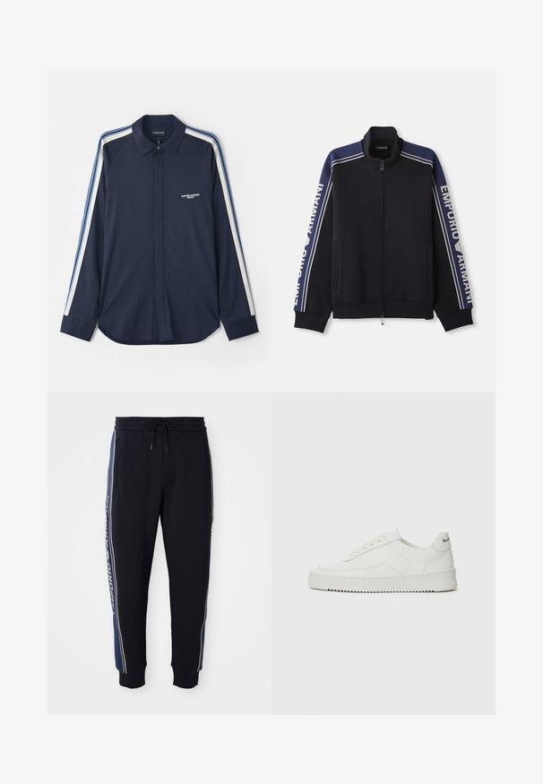 Tamsiai mėlynas zip-up treniruočių švarkas su šviesiai beige dvigubomis juostelėmis ant pečių ir rankovių, „Emporio Armani“ tekstas abiejose rankovėse.; Laivyno mėlynos spalvos ilgomis rankovėmis marškiniai su apykakle, ant krūtinės išsiuvinėtu logotipu ir kontrastingomis sportinėmis juostomis per rankoves. Minkšta medžiaga.; Juodi džinsiniai kelnių su mėlynomis šoninėmis juostomis, elastinga juosmens juosta su raišteliu, šoninės kišenės ir ripsuoti kulkšnies rankovės.; Balti odiniai sportiniai bateliai su lygia apdaila, apvaliu pirštu, plokščiais raišteliais ir tekstūruotu padu. Pasižymi subtiliu logotipu ant kulno.