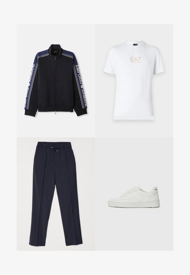 Marineblaue Zip-Jacke mit leichten beigen Doppelstreifen an Schultern und Ärmeln, "Emporio Armani" Schriftzug entlang beider Ärmel.; Weißes Baumwoll-T-Shirt mit Rundhalsausschnitt und kurzen Ärmeln, mit einem goldenen EA7 Emporio Armani-Logo auf der Vorderseite.; Navyblaue Hose mit elastischem Bund und Kordelzug. Verfügt über zwei Frontfalten und schmal zulaufende Beine für eine strukturierte Silhouette.; Weiße Ledersneaker mit glatter Oberfläche, runder Zehenpartie, flachen Schnürsenkeln und strukturiertem Sohlenprofil. Mit einem dezenten Logo an der Ferse.