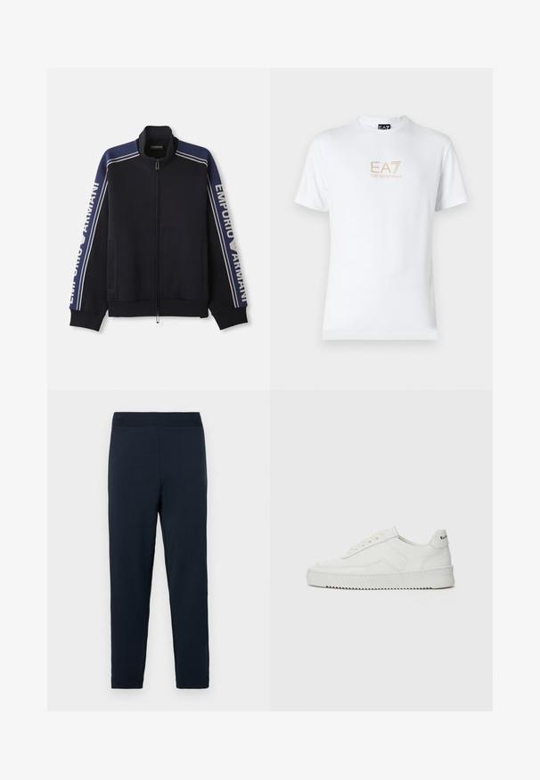 Mörkblå zip-up träningsjacka med ljusbeige dubbla ränder på axlar och ärmar, "Emporio Armani"-text längs båda ärmarna.; Vit bomull t-shirt med rund halsringning och korta ärmar, med en guld EA7 Emporio Armani-logotyp tryckt på framsidan.; Marina blå sweatpants i en mjuk bomullsblandning, med en elastisk midja, avsmalnande ben och inga synliga mönster eller detaljer.; Vita lädersneakers med en jämn yta, rund tå, platta snörningar och en strukturerad sula. Har en diskret logotyp på hälen.
