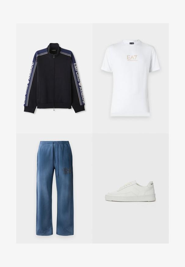 Sötétkék cipzáros futónadrág dzseki világos bézs kétsoros csíkkal a vállakon és az ujjakon, "Emporio Armani" felirat mindkét ujján.; Fehér pamut póló, kerek nyakkivágással és rövid ujjakkal, az elején arany EA7 Emporio Armani logóval nyomtatva.; Kék bársony, bő szárú nadrág, elasztikus derekkal, húzózsinórral, oldalsó zsebekkel és hímzett logóval a jobb combon.; Fehér bőr sportcipő sima felülettel, kerek orral, lapos fűzőkkel és texturált talppal. Finom logó található a sarokon.