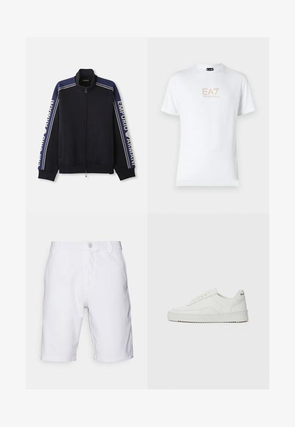 Tummansininen vetoketjullinen urheilutakki, jossa on vaaleanbeiget kaksoisraidat hartioilla ja hihoissa, "Emporio Armani" teksti molemmilla hihoilla.; Valkoinen puuvillapaita, jossa on pyöreä kaula-aukko ja lyhyet hihansuut. Paidassa on etupuolella kultainen EA7 Emporio Armani -logo.; Valkoiset shortsit, jotka on valmistettu sileästä kankaasta, klassisella muotoilulla, ja niissä on nappikiinnitys sekä taskut. Siistit linjat ilman näkyviä kuvioita.; Valkoinen nahkakenkä, jossa on sileä pinta, pyöreä kärki, tasaiset nauhat ja teksturoitu pohja. Sisältää huomaamattoman logon kantapäässä.