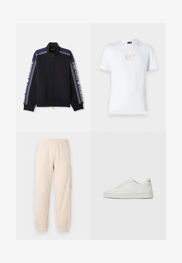 Navyblauwe zip-up trainingsjas met lichtbeige dubbele strepen op de schouders en mouwen, "Emporio Armani" tekst langs beide mouwen.; Witte katoenen t-shirt met een ronde halslijn en korte mouwen, voorzien van een gouden EA7 Emporio Armani-logo op de voorkant.; Beige joggerbroeken van zacht stof, met een elastische tailleband en boordjes aan de enkels. Een subtiel, reliëflogo bevindt zich aan de zijkant.; Witte leren sneaker met een gladde afwerking, ronde neus, platte veters en een gestructureerde zool. Kenmerkt zich door een subtiel logo op de hiel.