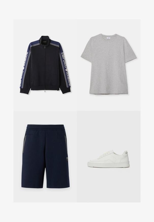 Navy blue zip-up track jacket with light beige double stripes on shoulders and sleeves, "Emporio Armani" text along both sleeves.; Gray short-sleeve T-shirt made from soft, textured fabric. Features a classic crew neck and a straight hem, suitable for casual wear.; Navy blue shorts made of soft fabric, featuring a ribbed waistband, side zip pockets, and a small logo patch on the lower left leg.; White leather sneaker with a smooth finish, round toe, flat laces, and a textured sole. Features a subtle logo on the heel.