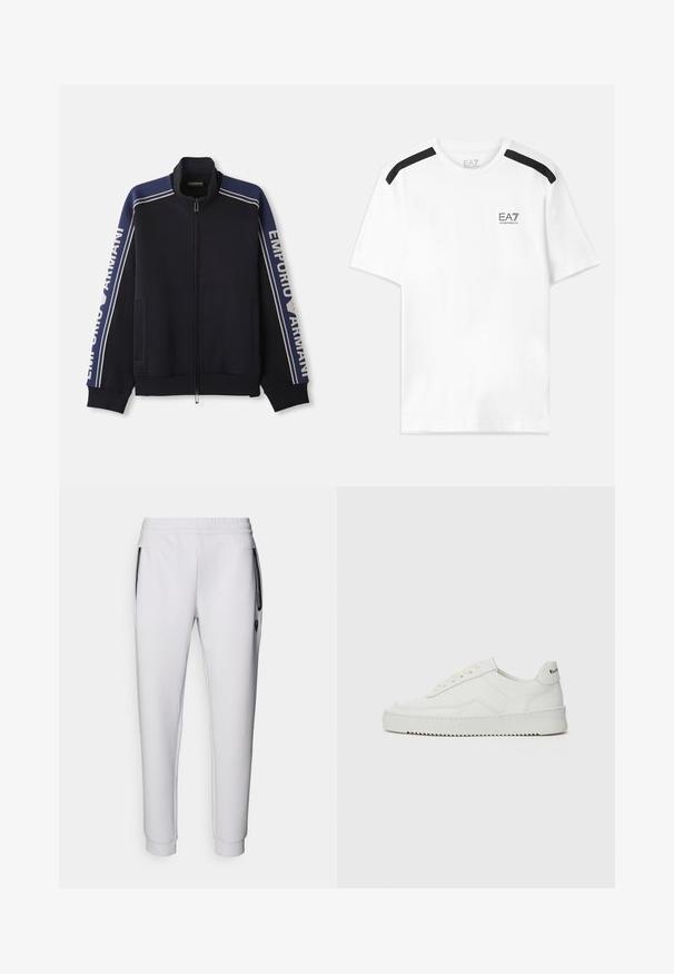 Tummansininen vetoketjullinen urheilutakki, jossa on vaaleanbeiget kaksoisraidat hartioilla ja hihoissa, "Emporio Armani" teksti molemmilla hihoilla.; Valkoinen lyhythihaisella t-paidalla, jossa on mustat tehosteviivat olkapäillä. Paidassa on pieni musta logo rinnassa. Valmistettu pehmeästä ja sileästä kankaasta.; Valkoiset verkkarit, joissa on joustava vyötärönauha, kaksi sivutaskua, mustat vetoketjuyksityiskohdat ja ribbaus nilkoissa. Sileä pinta.; Valkoinen nahkakenkä, jossa on sileä pinta, pyöreä kärki, tasaiset nauhat ja teksturoitu pohja. Sisältää huomaamattoman logon kantapäässä.