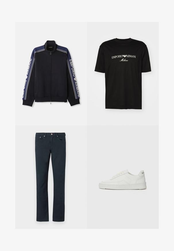 Jachetă de trening cu fermoar de culoare albastru marin, cu dublă strisă bej deschis pe umeri și mâneci, textul "Emporio Armani" pe ambele mâneci.; Tricou negru din bumbac cu guler rotund, mâneci scurte și logo-ul "EMPORIO ARMANI" în alb deasupra cuvântului "Milano" într-un design curbat.; Pantaloni din bumbac de un albastru închis, cu un design drept, având două buzunare frontale și o închidere cu buton din metal. Textură moale.; Sneakers din piele albă cu un finisaj neted, vârf rotund, șireturi plate și o talpă texturată. Prezintă un logo subtil pe călcâi.