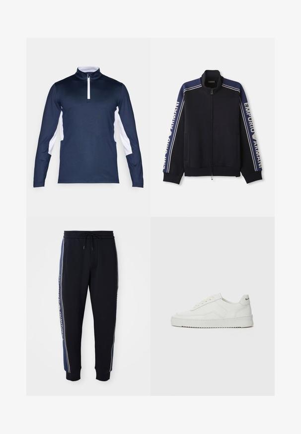 Marineblaue Zip-Jacke mit leichten beigen Doppelstreifen an Schultern und Ärmeln, "Emporio Armani" Schriftzug entlang beider Ärmel.; Marineblauses langärmeliges Shirt mit weißen Akzenten an den Seiten, einem halbseitigen Reißverschlusskragen und einem glatten, dehnbaren Material. Klassisches sportliches Design.; Schwarze Jogginghosen mit blauen Seitenstreifen, elastischem Bund mit Kordelzug, Seitentaschen und gerippten Knöchelabschlüssen.; Weiße Ledersneaker mit glatter Oberfläche, runder Zehenpartie, flachen Schnürsenkeln und strukturiertem Sohlenprofil. Mit einem dezenten Logo an der Ferse.