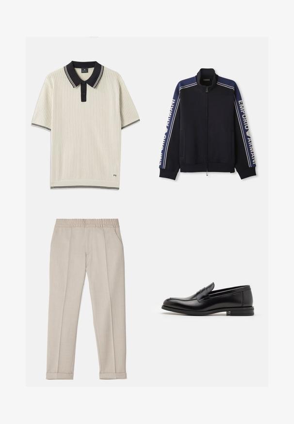 Granatowa kurtka dresowa na zamek z jasnobeżowymi podwójnymi paskami na ramionach i rękawach, z napisem "Emporio Armani" na obu rękawach.; Koszulka polo z krótkim rękawem w odcieniu kremowym, z fakturowanym wzorem, czarnym kołnierzykiem i listwą, a także z kontrastowymi paskami. Logo na końcu rękawa.; Filippa K TERRY szary; Czarne skórzane mokasyny o gładkiej fakturze, zaokrąglonym nosku i dekoracyjnym pasku na przodzie. Niski, warstwowy obcas, minimalistyczny design.